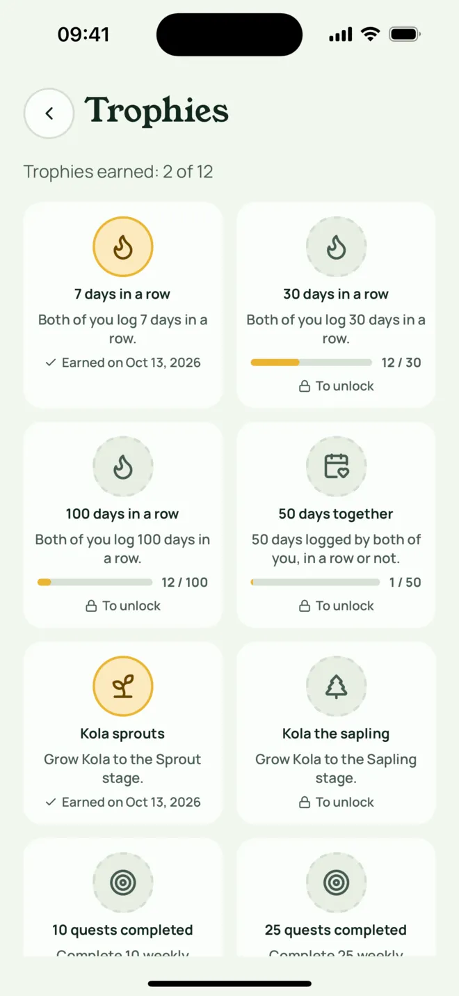 Trophies screen: the first one is earned when both of you log 7 days in a row.
